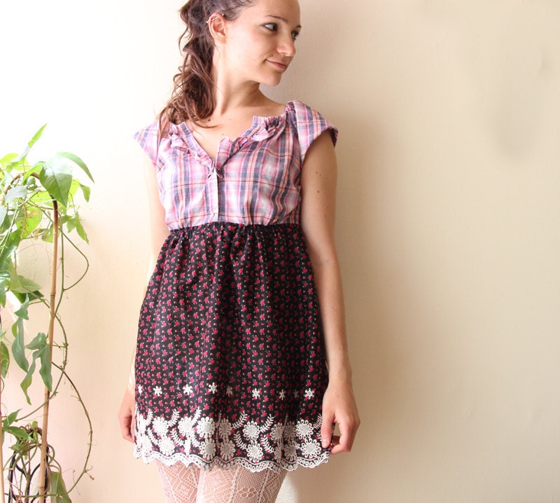 SALE 50% cotton summer dress plaid with floral print