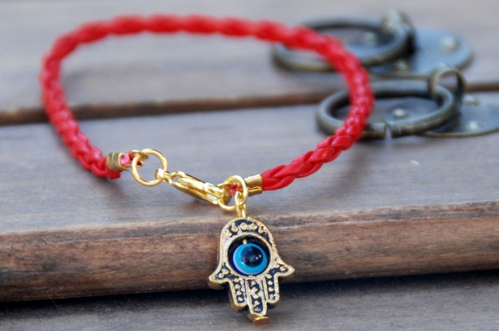Red string vegan leather kabbalah bracelet evil eye, Kabbalah Madonna hamsa