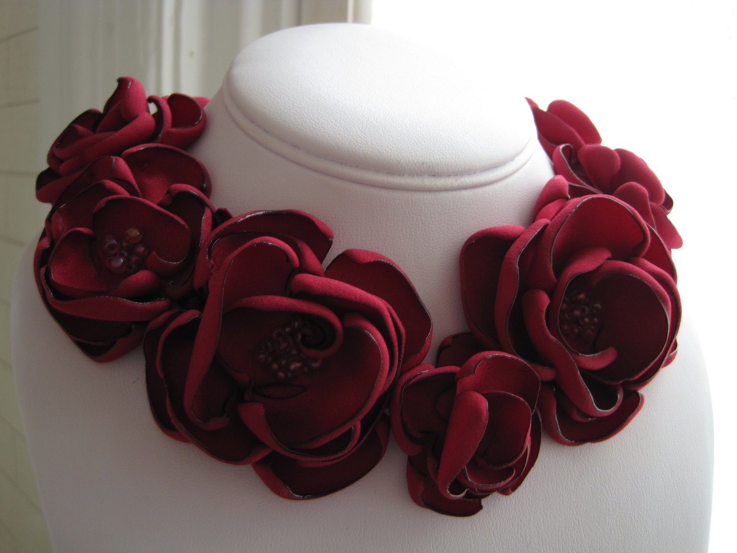 fabric flower necklace - Made To Order - scarlet red satin and beaded statement necklace - PAMELA