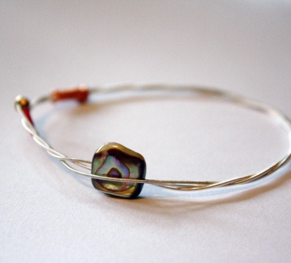Silver Plated Guitar String Bracelet with Abalone Bead