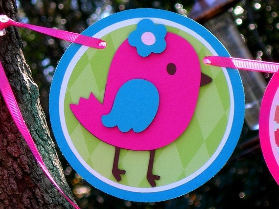 Pink Birthday Chicadee Paper Banner MADE TO ORDER