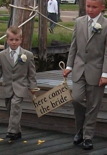 Here Comes The Bride Sign for Flowergirl or Ring Bearer, Photo Prop, Photographer, Rehersal Dinner, Alternative to Pillow or Basket With Handpainted Black Lettering, Choice of One or Two Handles