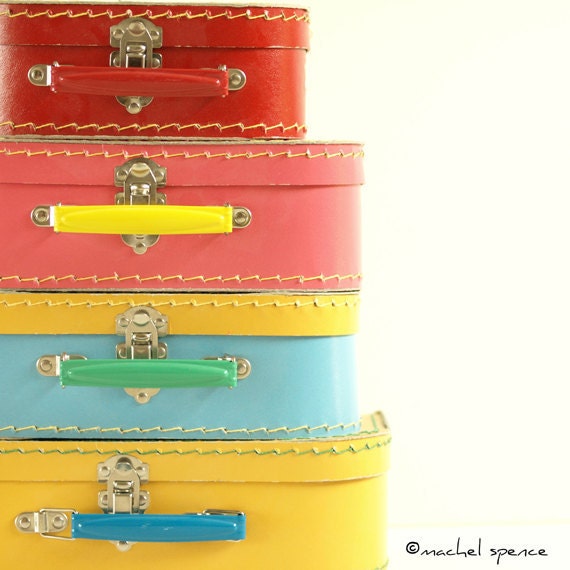 PHOTOGRAPHS of a Set of Four Vintage Suitcases 10X10 Vintage Vintage Stacked Suitcases Toys Pastel Vintage Child Pink Blue Yellow Red