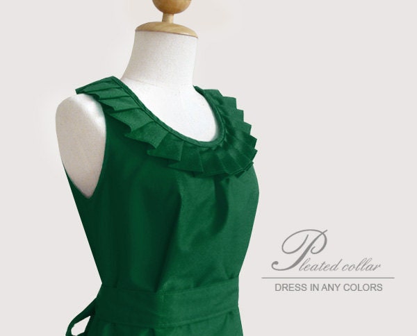 Custom fully lined pleated collar dress in forest green or any colors