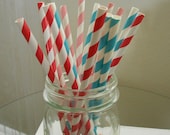 Pink and White striped Paper straws with Aqua & white Red and white  stripe Straws retro look set 15