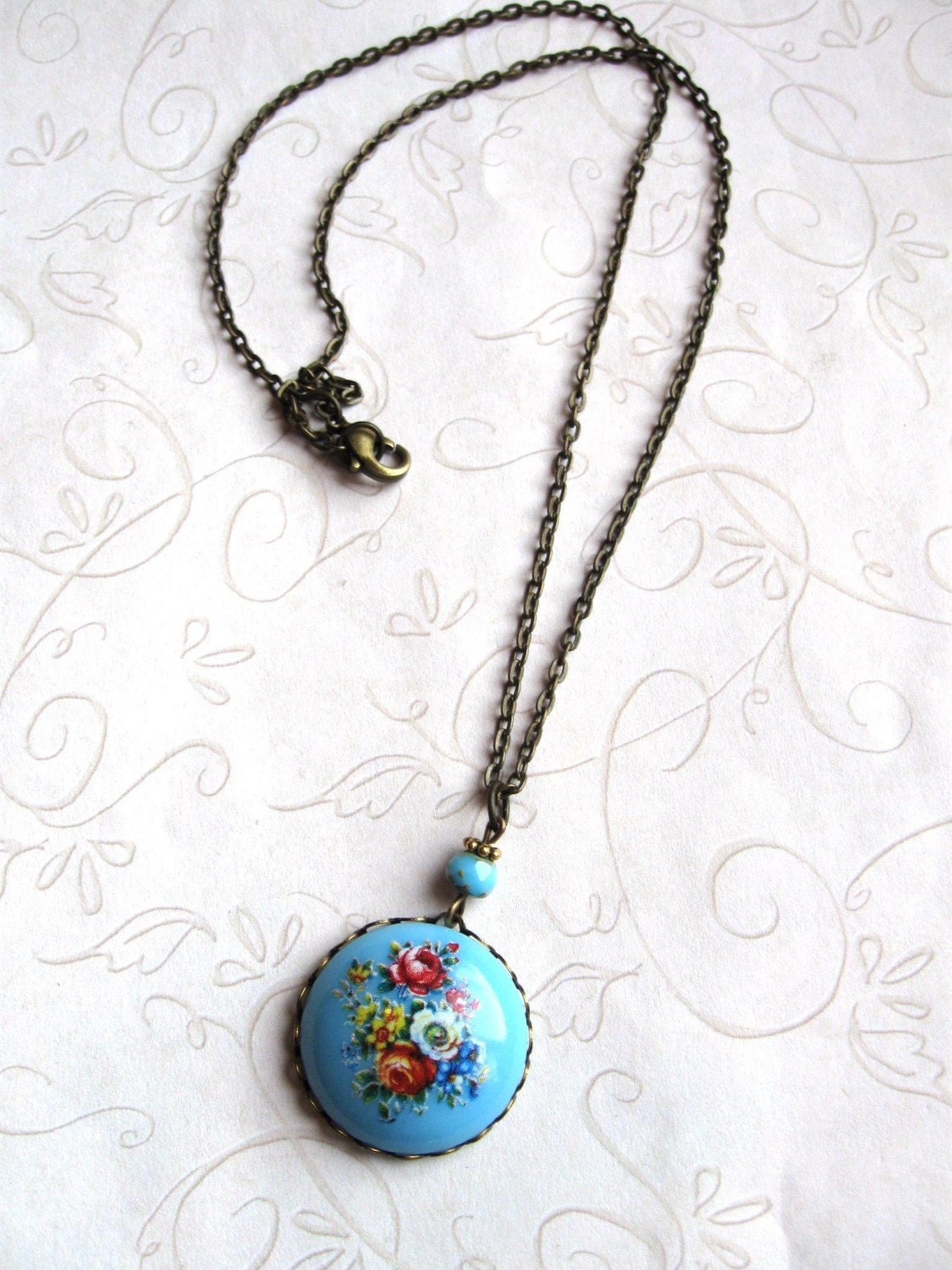Boho Blue Flower Necklace - vintage cabochon