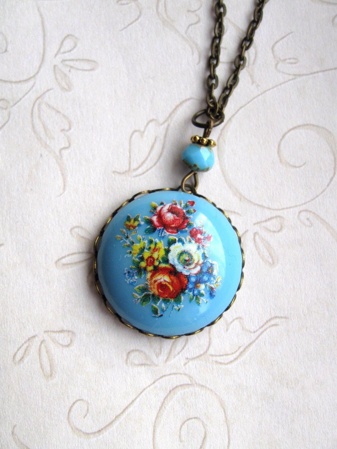 Boho Blue Flower Necklace - vintage cabochon