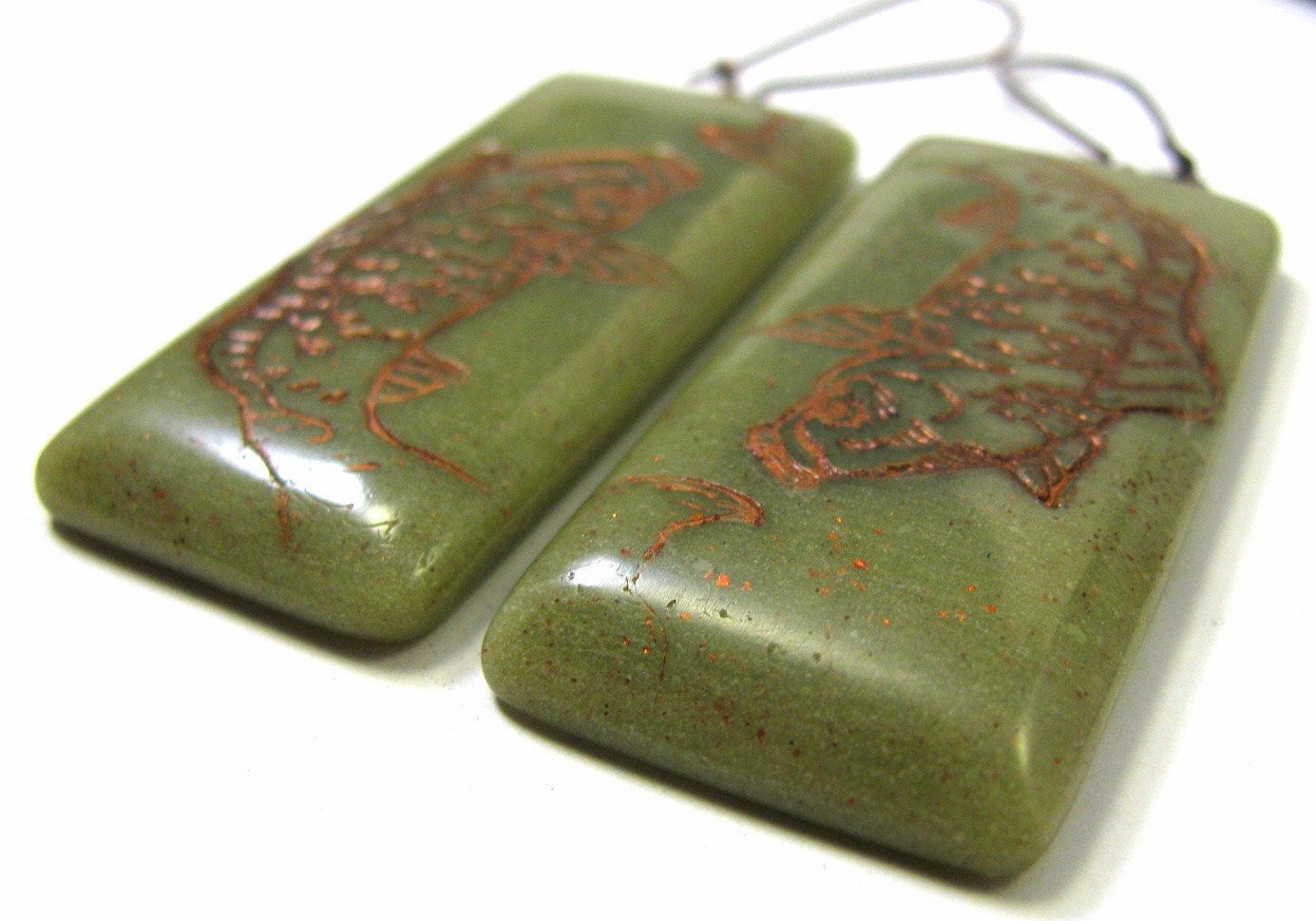 Faux Burma Jade Copper Etched Koi Polymer Clay Earrings