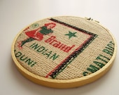 Embroidery hoop wall art decor Upcycled burlap rice bag OOAK rustic, red, green