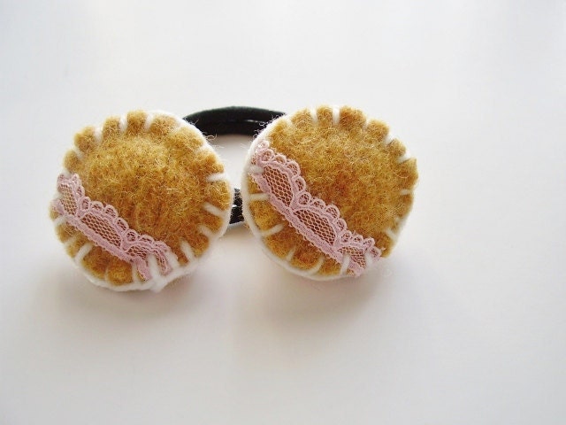 Ponytail holders golden yellow upcycled wool sweater and pink vintage lace, puffy, round Set of 2