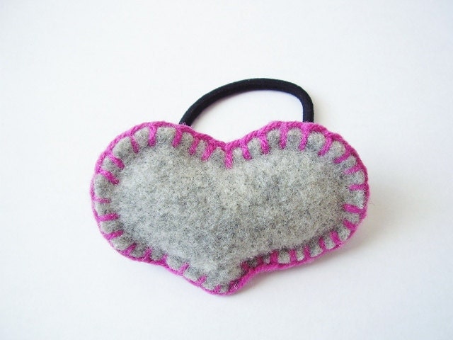 Ponytail holder decorated with a large felted heart, Valentines hair elastic, hot pink seam handsewn
