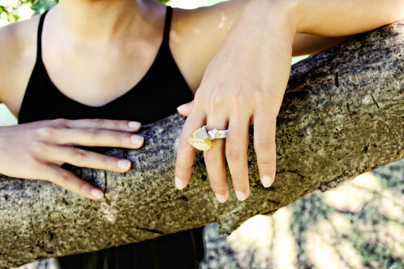 Wooden Diamond and Clay Ring , Hand-sculpted, Hand-cut - Wood Diamond Ring