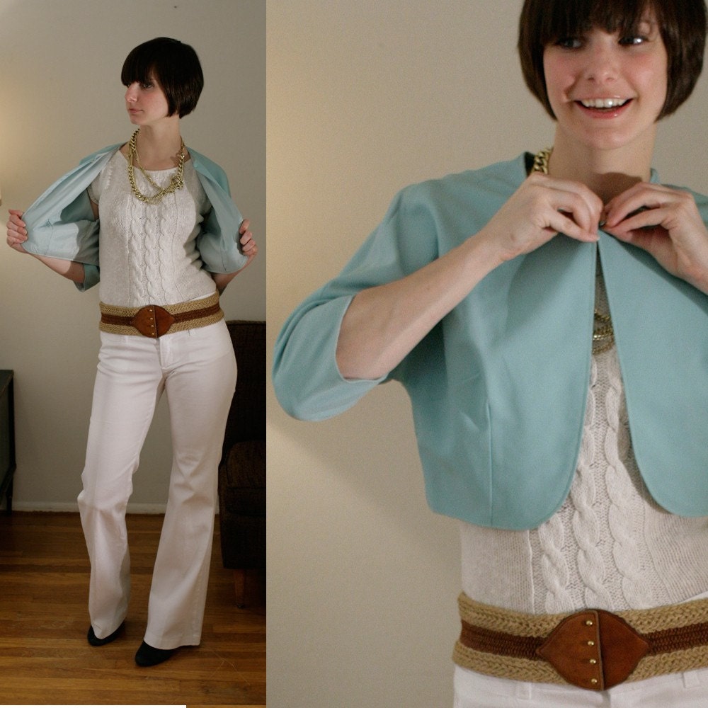 xx SALE xx Vintage 40s 50s ROBINS EGG blue CROPPED jacket 3/4 sleeves SINGLE BUTTON