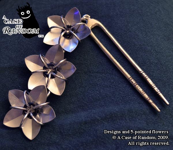 Black Lotus--silver and black scale maille flower hair fork