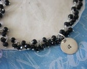 Initial Charm Bracelet, Black Bracelet, Sterling Silver Bracelet