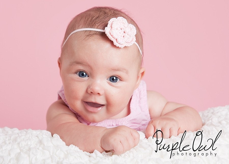 Crochet Flower Headband . Classic Crochet Cutie Skinny Headband In Blush For Infants/Toddlers/Children