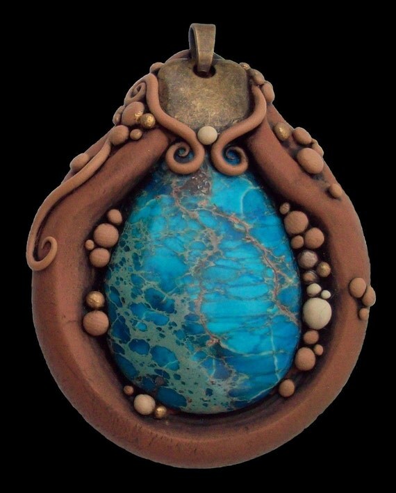 Sea Sediment Jasper and Polymer Clay  Pendant