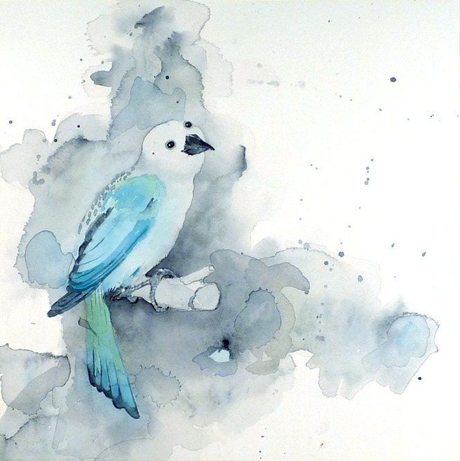 Bird Art Watercolor Original Teen Girls Men Women Kids Pale Gray Whimsical Turquoise Aqua Woodland Creature 9.5 x 9.5 Priced Under 70
