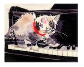 Black Cat Siamese Cat Art - Watercolor Painting Print - Home Decor Black White Ash Grey Poppy Red Piano Himalayan Persian - ACEO to 8 x 12