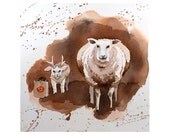 Sheep Painting Original Watercolor - Animal Art, Painting of a Lamb, Farm Animals, Home, Decor, Linen, Almond, Brown, 10 x 10