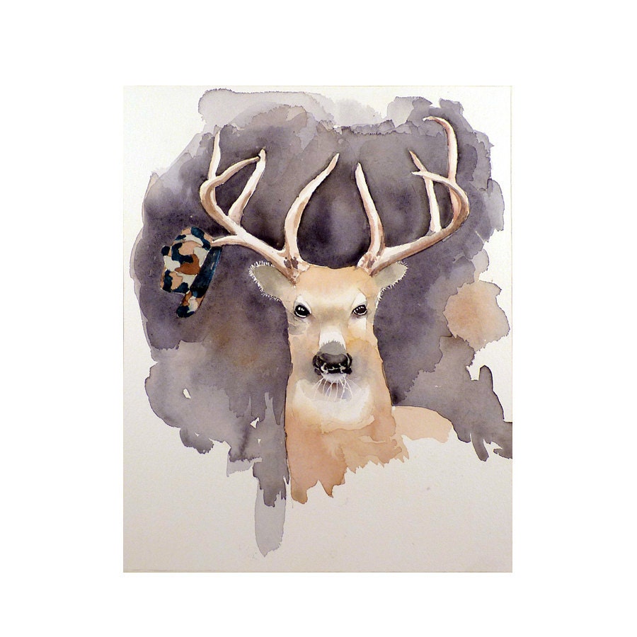 Nature Art Watercolor Print of Deer Antlers a Stag in the Forest with a Large Rack with the Hunter's Hat: Apartment Men Women Kids under 25 - LaBerge