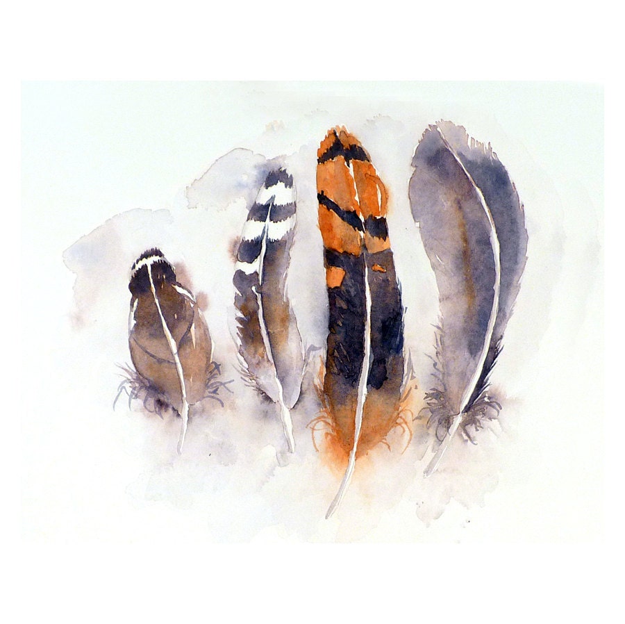 Feather Art Original Painting Watercolor - Bird Feather Painting, Orange and Grey Feathers, Nature, Tribal Feather Art  - Home Decor - LaBerge