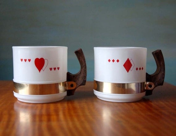 Milk Glass Ski Mugs.  Red Hearts and Diamonds with Faux Bois Plastic Handles and Gold Band Trim