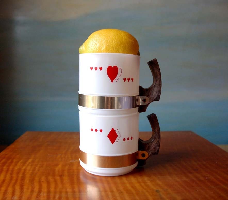 Milk Glass Ski Mugs.  Red Hearts and Diamonds with Faux Bois Plastic Handles and Gold Band Trim