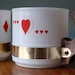 Milk Glass Ski Mugs.  Red Hearts and Diamonds with Faux Bois Plastic Handles and Gold Band Trim