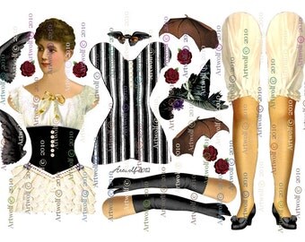 WITCH DIGITAL DOLL Printable Paper Doll Halloween Gothic Altered Vintage Bat Feather Wings Gothic Papercraft Scrapbooking Cardmaking