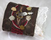 Fabric Textile Bracelet Steampunk Hand Embroidered Wrist Cuff Lace and Roses