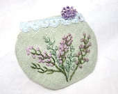 Hand Embroidery Textile Fabric Brooch Lavender Embroidered Mint Pastel Lace Linen