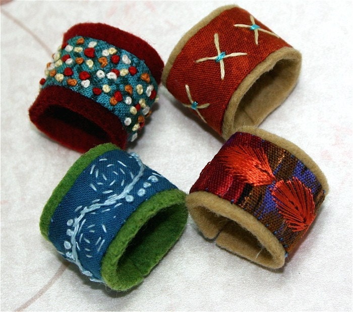 Fabric Textile Hand Embroidered Rings Bohemian  Two of your Choice