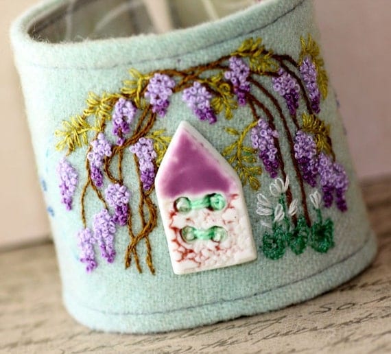 Hand Embroidery Fabric Bracelet Textile Cuff Wrist Wisteria Cottage Embroidered