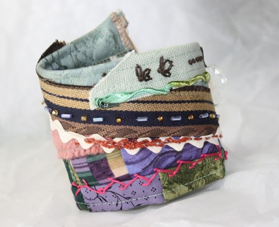 Crazy Quilt Fabric Bracelet Textile Wrist Cuff Patchwork Embellished