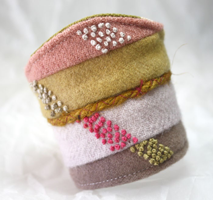 Fabric Textile Bracelet Cuff Hand Embroidered Colorblock Wool Cuff