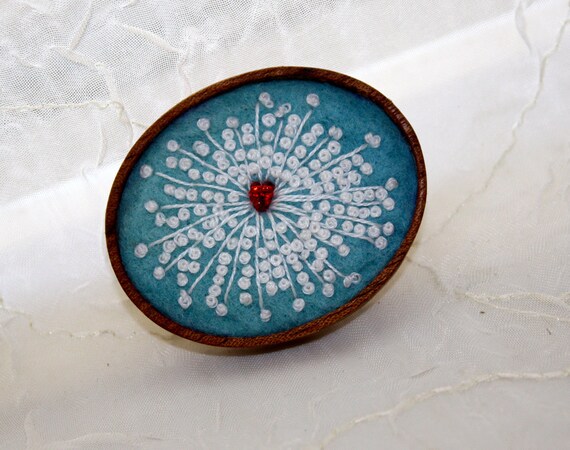 Brooch Queen Annes Lace Hand Embroidered Blue