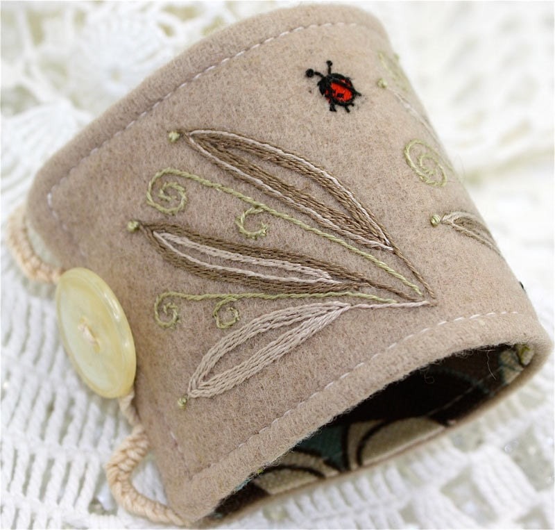 Wild Fern Textile Fabric Bracelet Wrist Cuff Hand Embroidery  with Ladybug and Ant