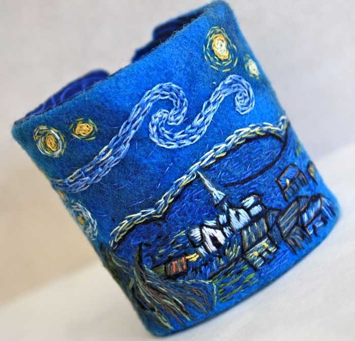 Art Fiber Cuff Bracelet Hand Embroidery Starry Night Hand Embroidered Cuff - Limited Edition