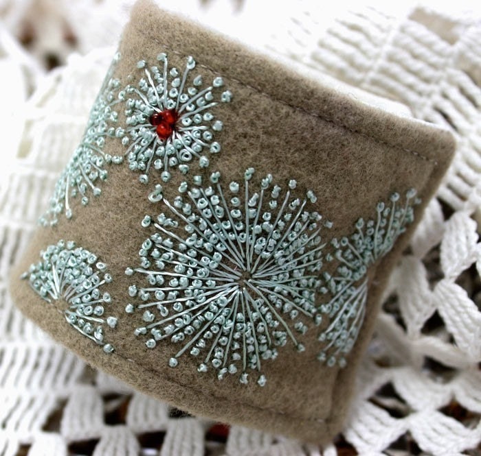 Hand Embroidery Wrist Cuff Queen Annes Lace Frost Mint Jewelry Silk Hand Embroidered