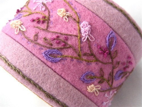 Hand Embroidery Fabric Textile Wrist Cuff Hand Embroidery pink pastel Wildflower Romance Bracelet Featured In CrossStitch and Needlework