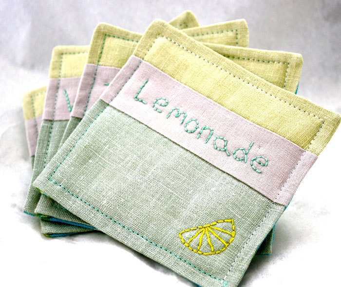 Hand Embroidery Fabric Textile Coasters Yellow Mint Lemon and Lime Summer Fun Linen Embroidered