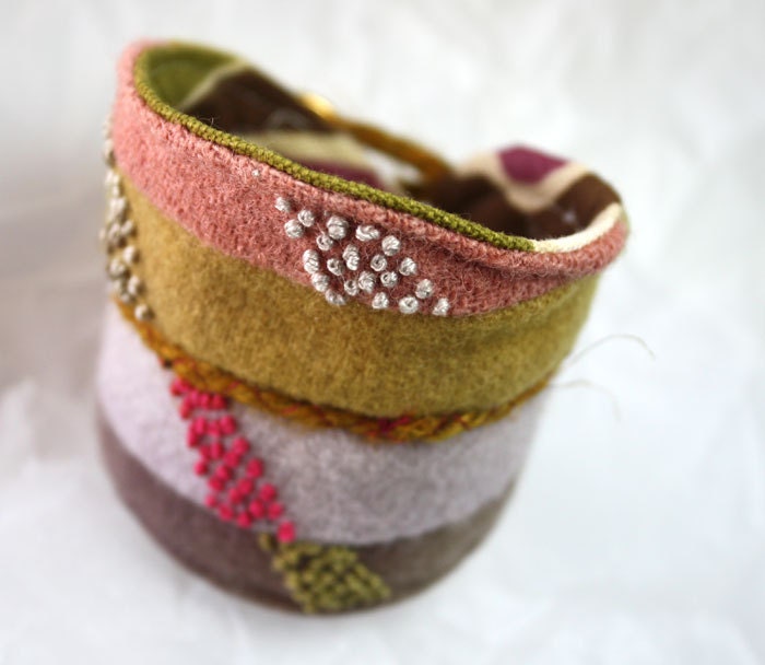 Fabric Textile Bracelet Cuff Hand Embroidered Colorblock Wool Cuff
