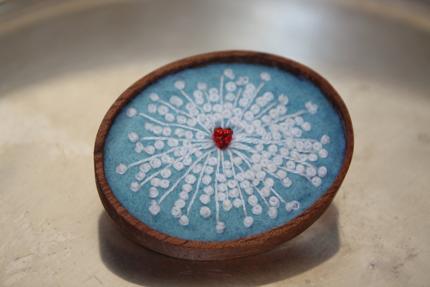 Brooch Queen Annes Lace Hand Embroidered Blue