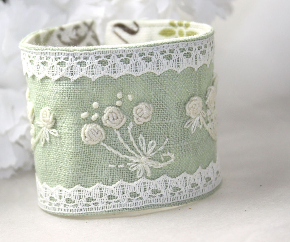 Fabric Hand Embroidery bracelet Textile Cuff Mint green Rose Bouquet Embroidery with Lace