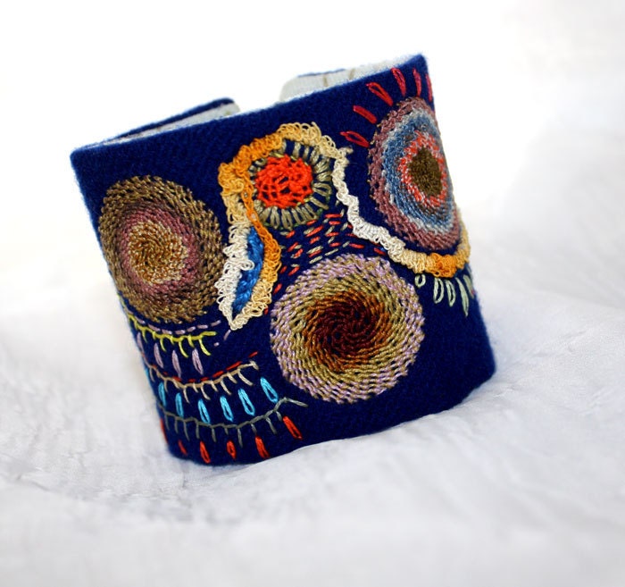 Fabric Bracelet Cuff Hand Embroidery Spinning Discs Fiesta Wrist Textile Cuff
