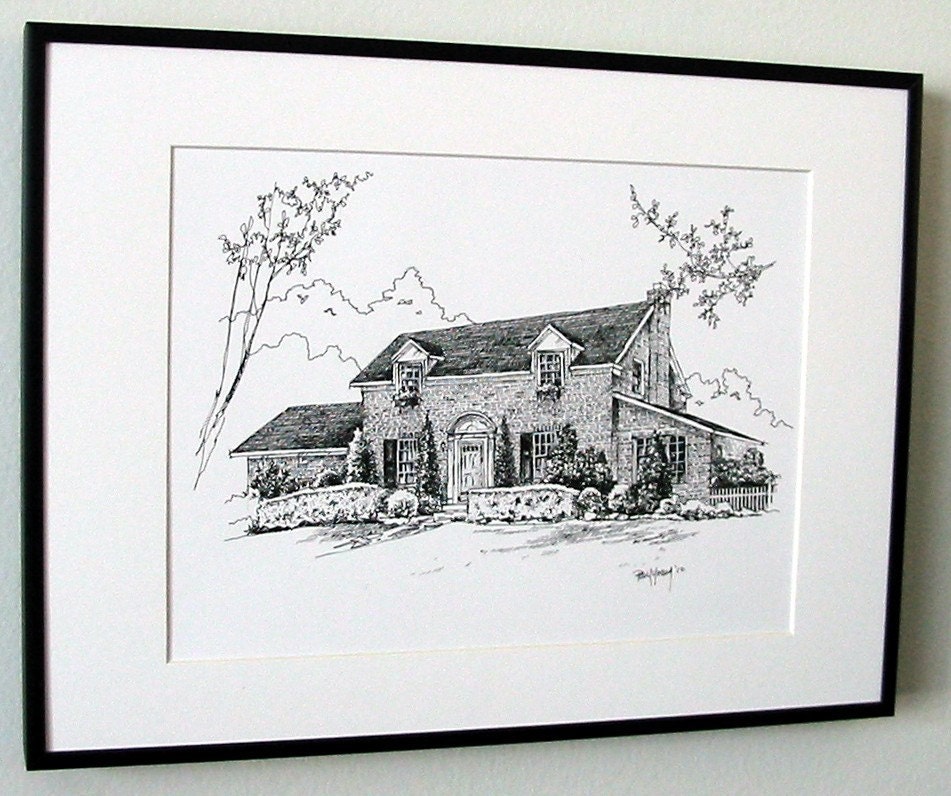 Custom Home/House Portrait Pen and Ink-9X12 FRAMED