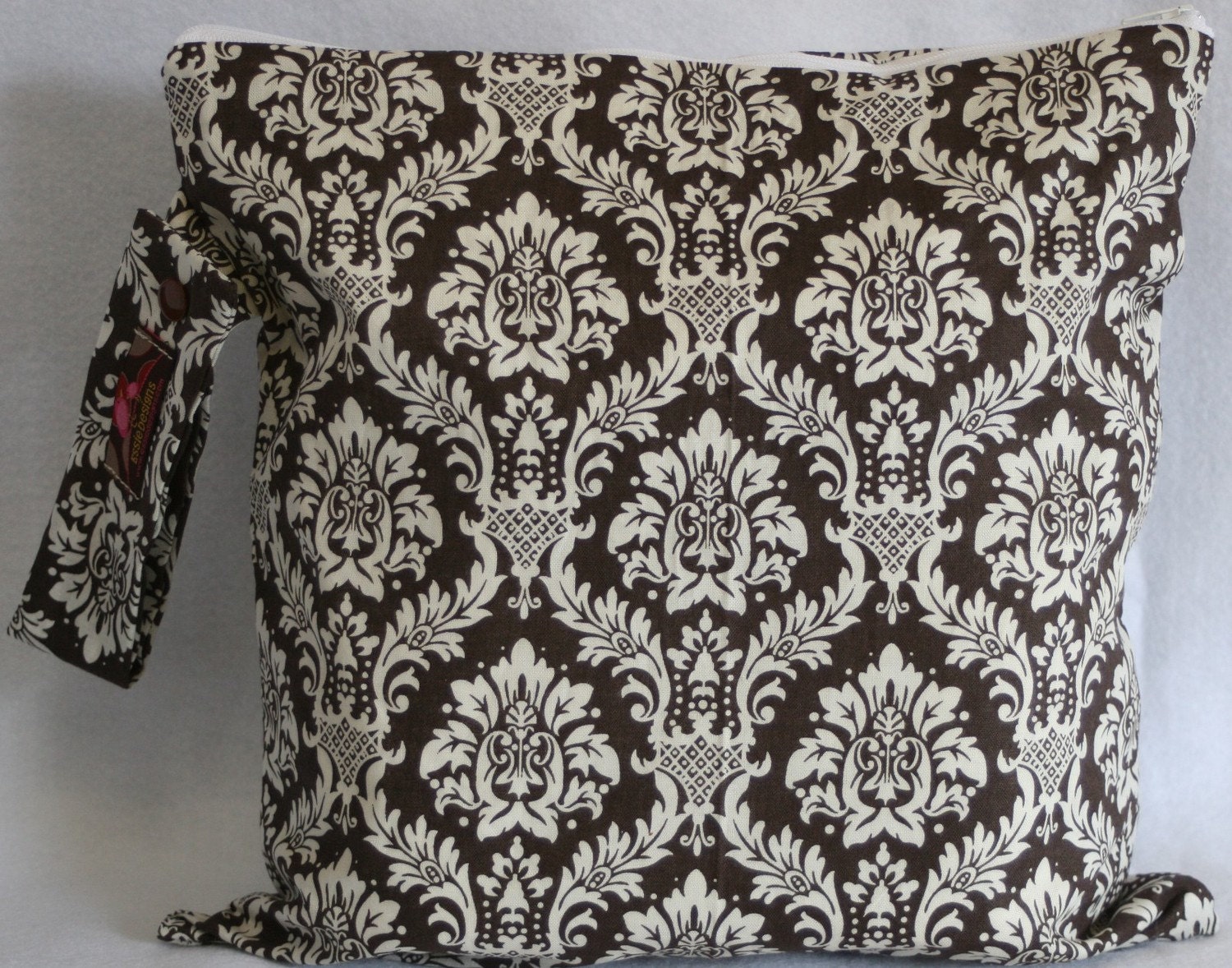 Wet Bag-Large Waterproof Wet Bag- 12.5 x 12.5- Snap Handle and Zipper- Brown and White Damask