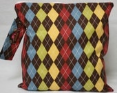 Wet Bag-Large Waterproof Wet Bag- 12.5 x 12.5- Snap Handle- Argyle