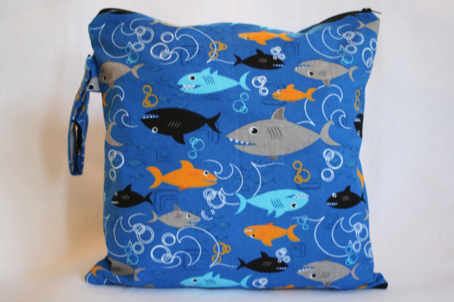 Wet Bag-Large Waterproof Wet Bag- 12.5 x 12.5- Snap Handle and Zipper- Shark Boy